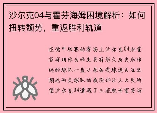 沙尔克04与霍芬海姆困境解析：如何扭转颓势，重返胜利轨道